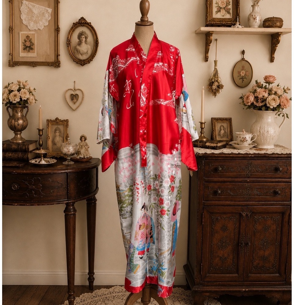 Vintage Kyoto Tsubaki Japanese Kimono Robe Red White Satin Geisha 56"